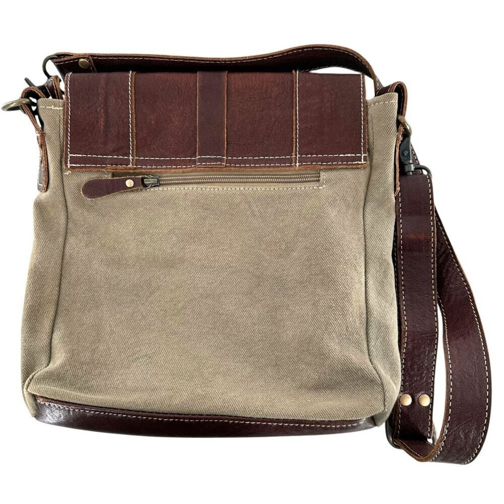 Myra Bag Sage Green Canvas and Brown Leather Messenger Tote Crossbody Bag - Picture 7 of 9